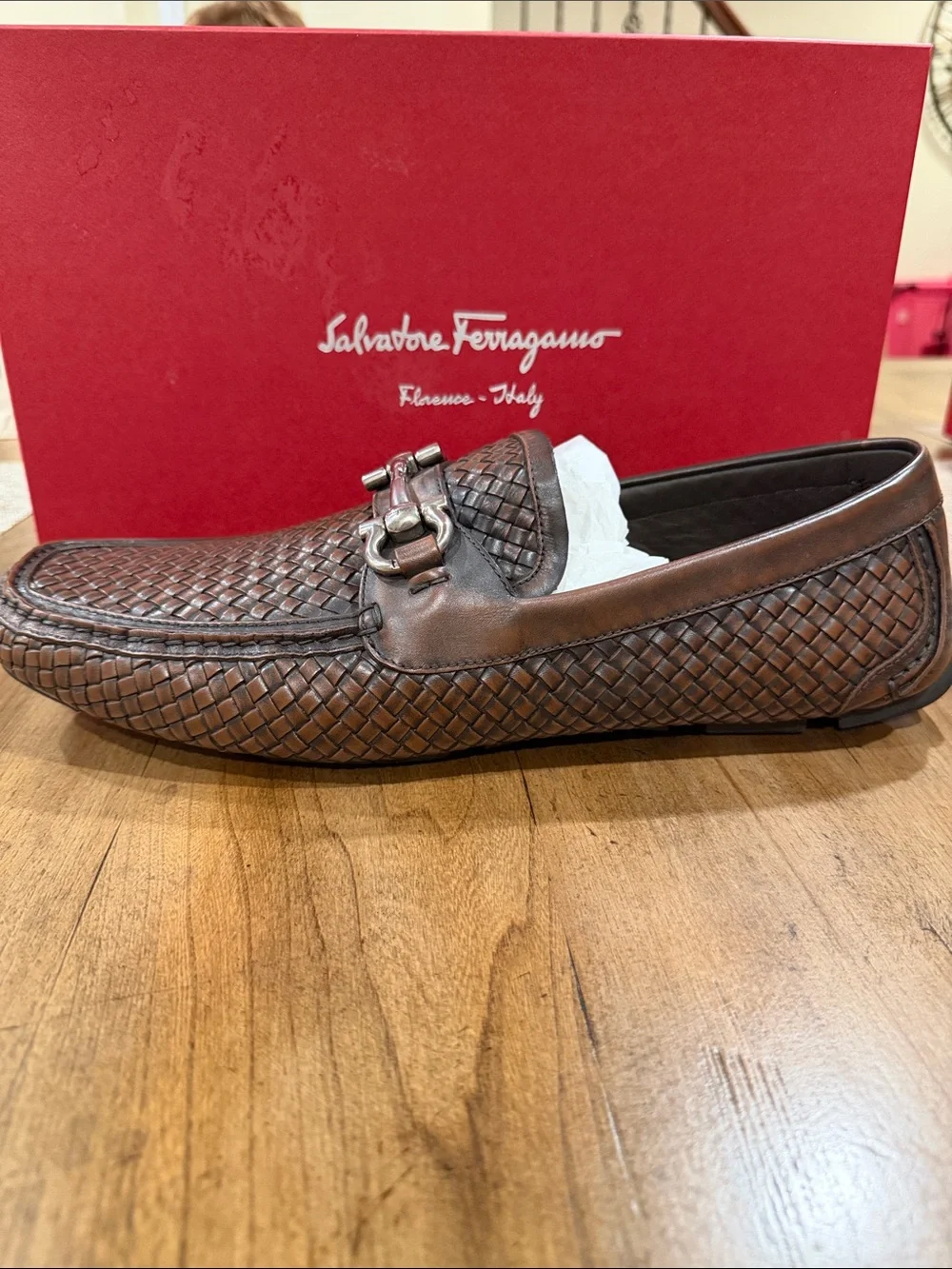 Salvatore Ferragamo Brown Woven Leather Bit Slip-On Loafers